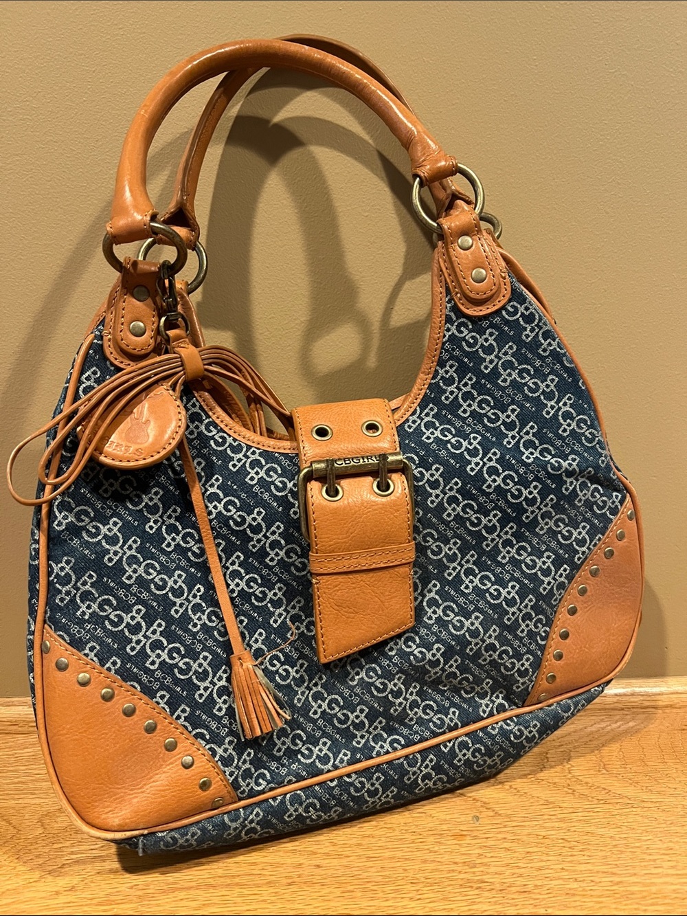 BCBG Girls Blue Logo with Tan Leather Hobo